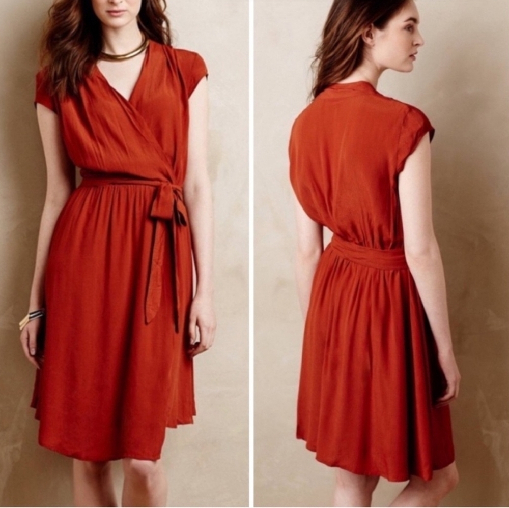 ANTHROPOLOGY Maeve Rust Faux Wrap Dress size XS